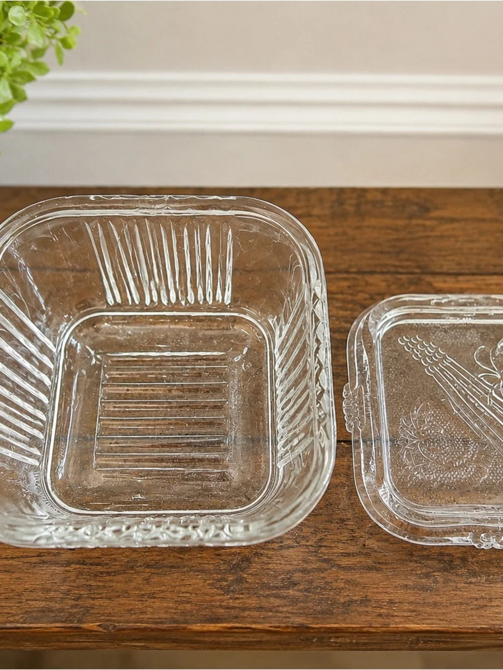 Vintage Federal Glass Refrigerator Dish Vegetable Lid 4” Square Clear